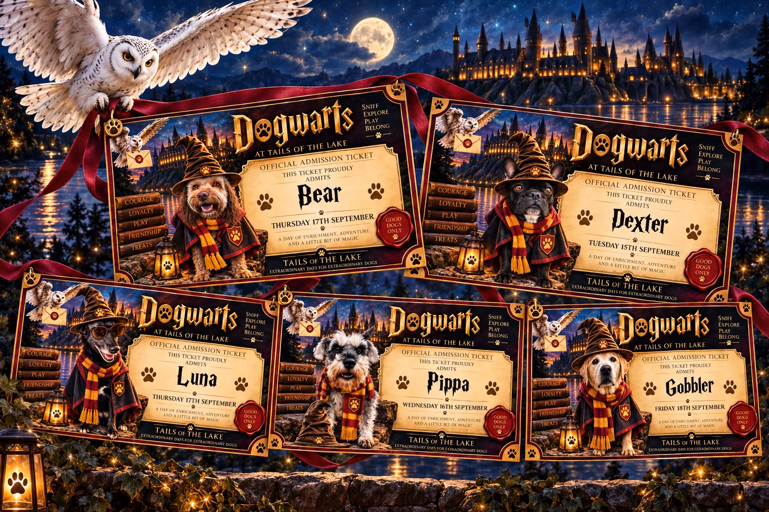Hedwig delivering personalised Dogwarts admission tickets for Bear, Dexter, Luna, Pippa and Gobbler in front of a moonlit castle