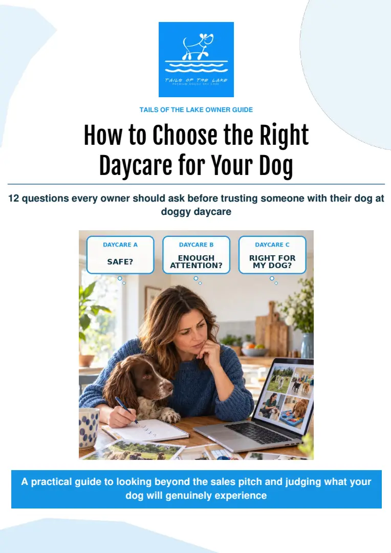 A woman looking at a computer choosing a dog daycare